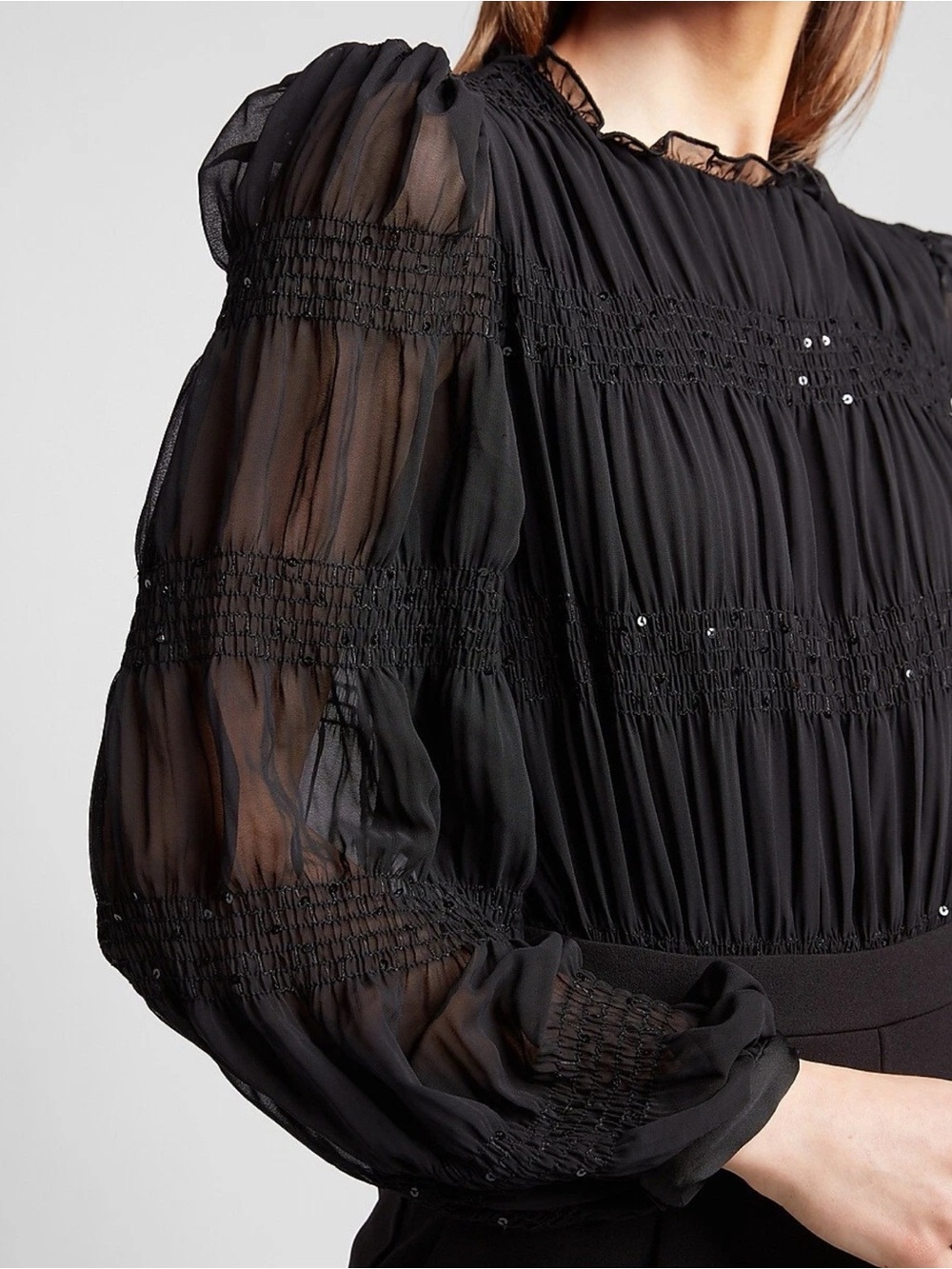 Ultra Pink Woman Black Sheer Sequin Ruffle Neck Long Sleeve Top SMALL Whimsigoth